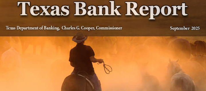 Texas Bank Report Cover for September 2025 Shows a Cowboy herding cattle on a dusty afternoon